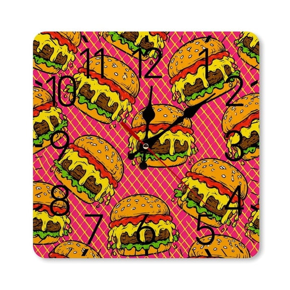 RKSupls 1010inch Square Silent Wall Clock Wooden Frame, Dripping Burger Pink Pattern Scale Decorative Clock for Home Bedroom Living Room Office