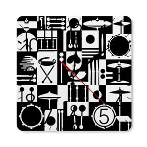 RKSupls 1010inch Square Silent Wall Clock Wooden Frame, Drum Kit Percussion Checkerboard Black White Scale Decorative Clock for Home Bedroom Living Room Office