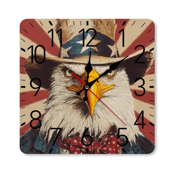 RKSupls 10×10inch Square Silent Wall Clock Wooden Frame, Eagle American Flag Scale Decorative Clock for Home Bedroom Living Room Office