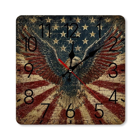RKSupls 10×10inch Square Silent Wall Clock Wooden Frame, Eagle Wings Spread Brick Wall Flag Scale Decorative Clock for Home Bedroom Living Room Office