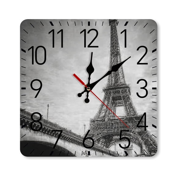 RKSupls 10×10inch Square Silent Wall Clock Wooden Frame, Eiffel Tower Paris Bridge Scale Decorative Clock for Home Bedroom Living Room Office