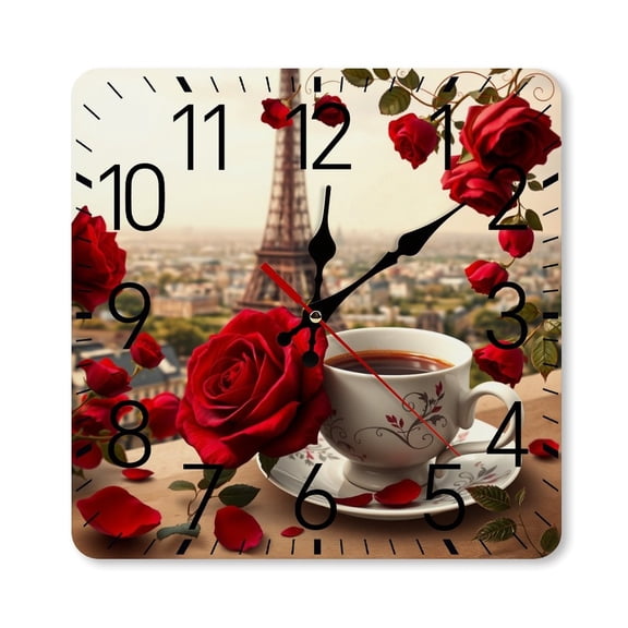 RKSupls 10×10inch Square Silent Wall Clock Wooden Frame, Eiffel Tower Rose Coffee Scale Decorative Clock for Home Bedroom Living Room Office