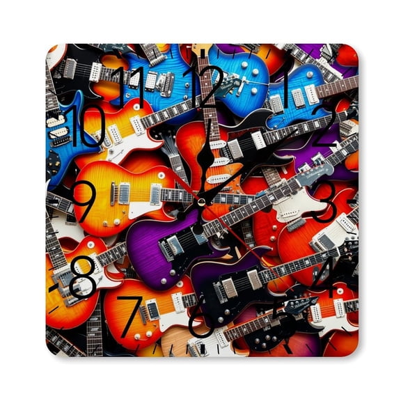 RKSupls 10×10inch Square Silent Wall Clock Wooden Frame, Electric Guitar Colorful Music Scale Decorative Clock for Home Bedroom Living Room Office