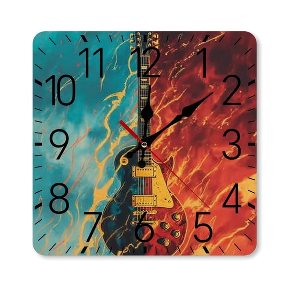 RKSupls 10×10inch Square Silent Wall Clock Wooden Frame, Electric Guitar Fire Scale Decorative Clock for Home Bedroom Living Room Office