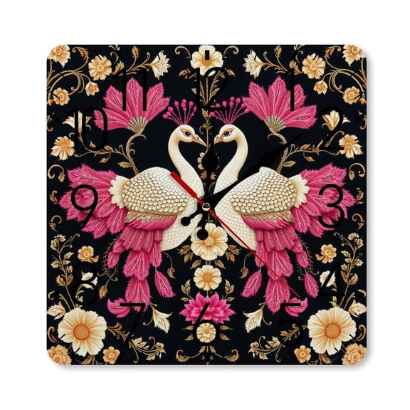 RKSupls 1010inch Square Silent Wall Clock Wooden Frame, Embroidered Swan Floral Scale Decorative Clock for Home Bedroom Living Room Office