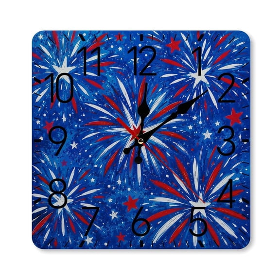 RKSupls 1010inch Square Silent Wall Clock Wooden Frame, Fireworks Burst Star Celebration Scale Decorative Clock for Home Bedroom Living Room Office
