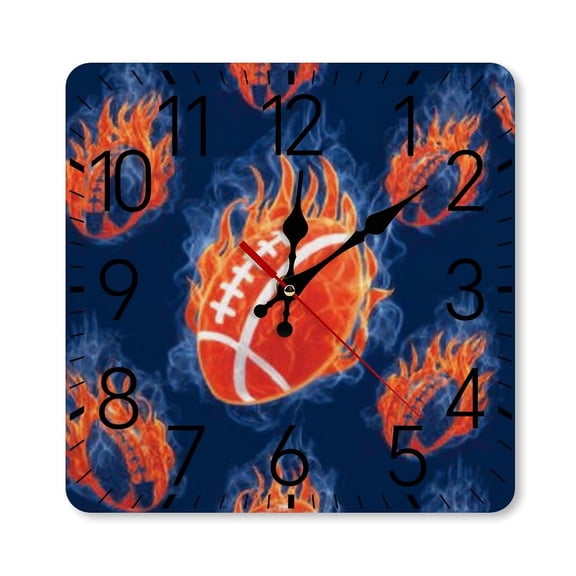 RKSupls 1010inch Square Silent Wall Clock Wooden Frame, Football Fire Pattern Scale Decorative Clock for Home Bedroom Living Room Office