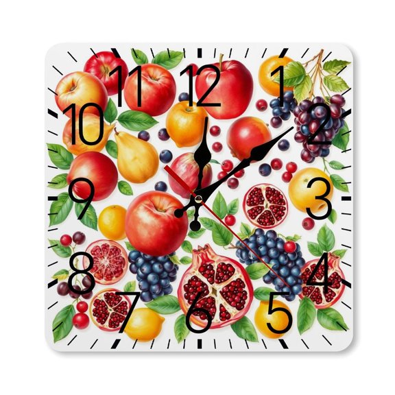 RKSupls 10×10inch Square Silent Wall Clock Wooden Frame, Fruit Collection Scale Decorative Clock for Home Bedroom Living Room Office