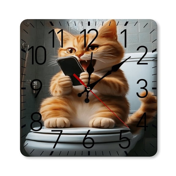 RKSupls 10×10inch Square Silent Wall Clock Wooden Frame, Funny Cat Using Smartphone Scale Decorative Clock for Home Bedroom Living Room Office