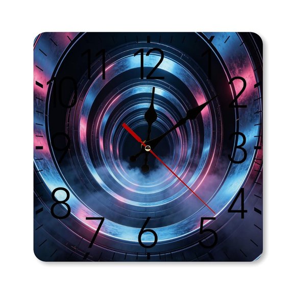 RKSupls 1010inch Square Silent Wall Clock Wooden Frame, Futuristic Neon Ring Portal Scale Decorative Clock for Home Bedroom Living Room Office