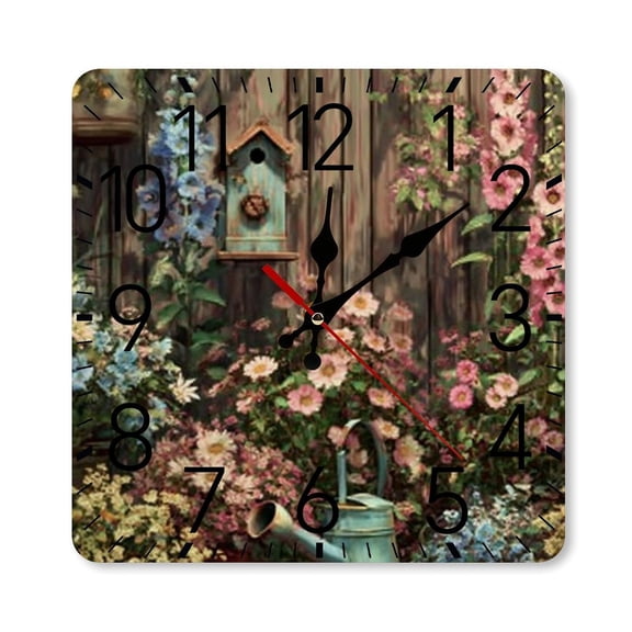 RKSupls 10×10inch Square Silent Wall Clock Wooden Frame, Garden Birdhouse Flowers Scale Decorative Clock for Home Bedroom Living Room Office