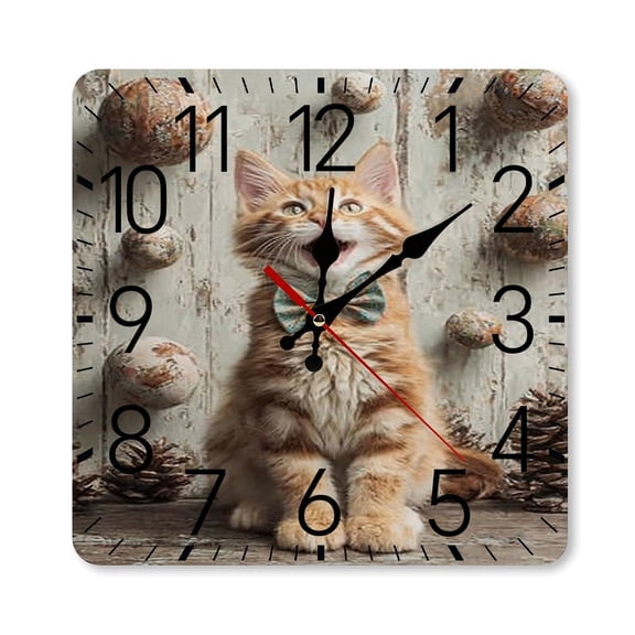 RKSupls 10×10inch Square Silent Wall Clock Wooden Frame, Ginger Cat Bowtie Scale Decorative Clock for Home Bedroom Living Room Office
