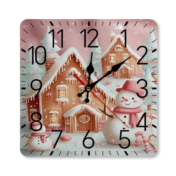 RKSupls 10×10inch Square Silent Wall Clock Wooden Frame, Gingerbread House Snowman Scale Decorative Clock for Home Bedroom Living Room Office