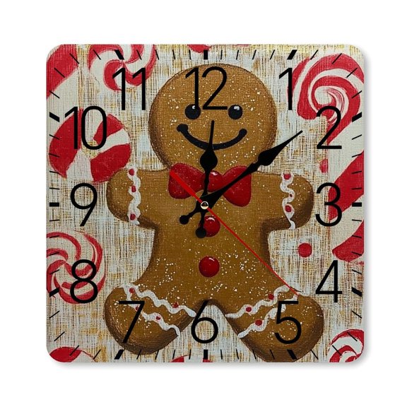 RKSupls 10×10inch Square Silent Wall Clock Wooden Frame, Gingerbread Man Candy Cane Whimsy Scale Decorative Clock for Home Bedroom Living Room Office