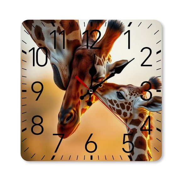 RKSupls 10×10inch Square Silent Wall Clock Wooden Frame, Giraffe Family Warm Scale Decorative Clock for Home Bedroom Living Room Office