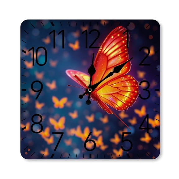 RKSupls 10×10inch Square Silent Wall Clock Wooden Frame, Glowing Butterfly Night Scale Decorative Clock for Home Bedroom Living Room Office