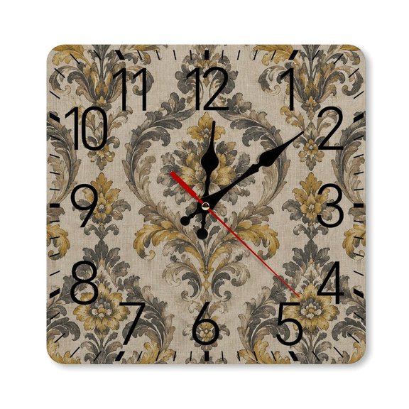 RKSupls 10×10inch Square Silent Wall Clock Wooden Frame, Golden Floral Damask Fabric Scale Decorative Clock for Home Bedroom Living Room Office