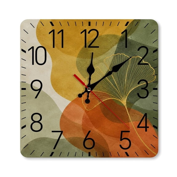 RKSupls 1010inch Square Silent Wall Clock Wooden Frame, Golden Ginkgo Leaves On Amber Waves Scale Decorative Clock for Home Bedroom Living Room Office