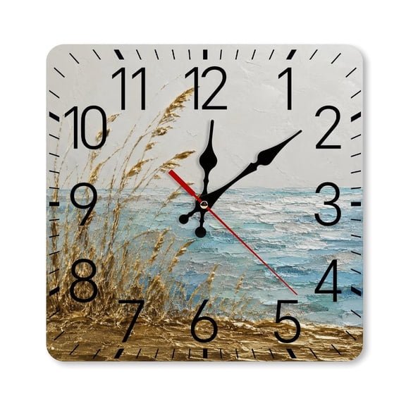 RKSupls 10×10inch Square Silent Wall Clock Wooden Frame, Golden Reeds Seaside Abstract Scale Decorative Clock for Home Bedroom Living Room Office