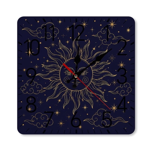 RKSupls 10×10inch Square Silent Wall Clock Wooden Frame, Golden Sun With Face Among Clouds Scale Decorative Clock for Home Bedroom Living Room Office