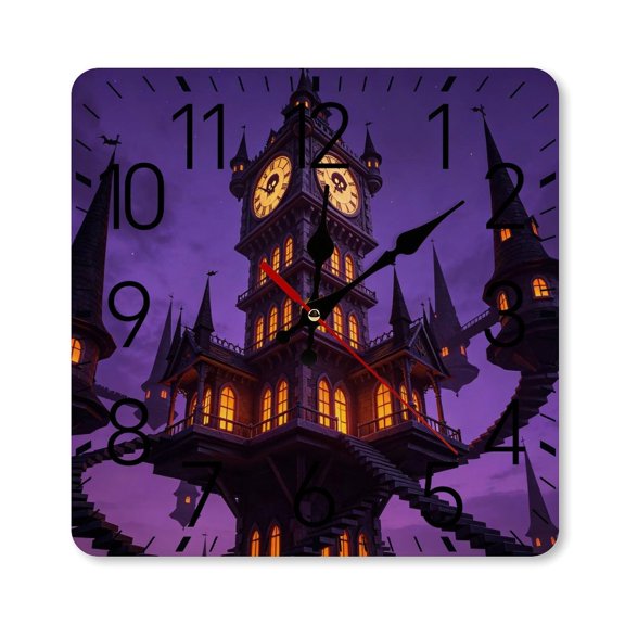 RKSupls 1010inch Square Silent Wall Clock Wooden Frame, Gothic Clock Tower Floating Stairs Scale Decorative Clock for Home Bedroom Living Room Office