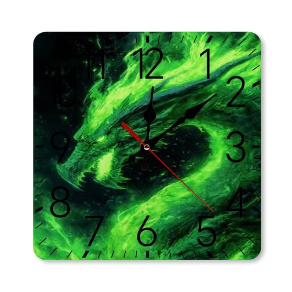 RKSupls 10×10inch Square Silent Wall Clock Wooden Frame, Green Dragon Fire Scale Decorative Clock for Home Bedroom Living Room Office