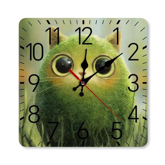 RKSupls 10×10inch Square Silent Wall Clock Wooden Frame, Green Fluffy Cat Scale Decorative Clock for Home Bedroom Living Room Office