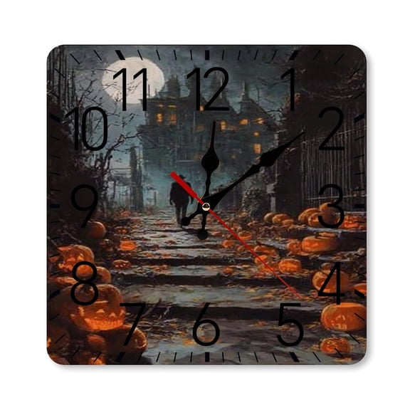 RKSupls 10×10inch Square Silent Wall Clock Wooden Frame, Halloween House Scale Decorative Clock for Home Bedroom Living Room Office