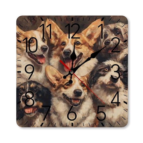 RKSupls 1010inch Square Silent Wall Clock Wooden Frame, Happy Dogs Group Scale Decorative Clock for Home Bedroom Living Room Office