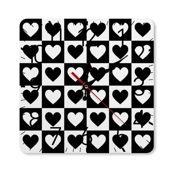 RKSupls 10×10inch Square Silent Wall Clock Wooden Frame, Heart Checkered Pattern Scale Decorative Clock for Home Bedroom Living Room Office