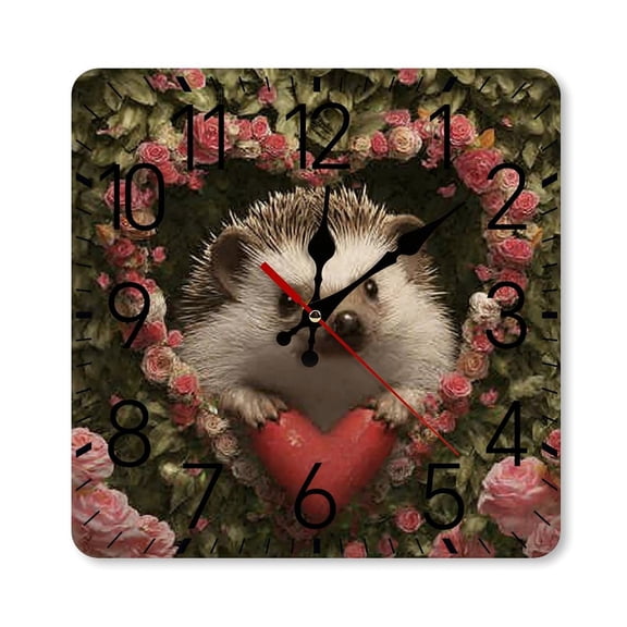 RKSupls 10×10inch Square Silent Wall Clock Wooden Frame, Hedgehog Heart Roses Scale Decorative Clock for Home Bedroom Living Room Office