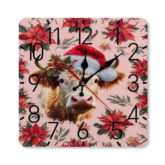 RKSupls 10×10inch Square Silent Wall Clock Wooden Frame, Highland Cow Poinsettia Christmas Scale Decorative Clock for Home Bedroom Living Room Office