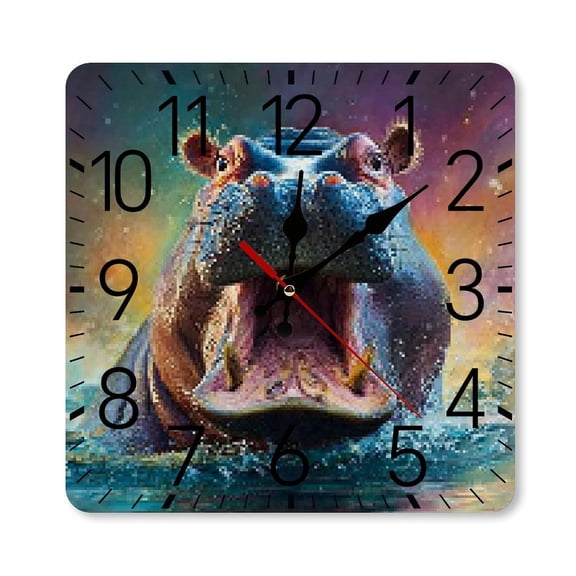 RKSupls 10×10inch Square Silent Wall Clock Wooden Frame, Hippo Water Sunset Scale Decorative Clock for Home Bedroom Living Room Office