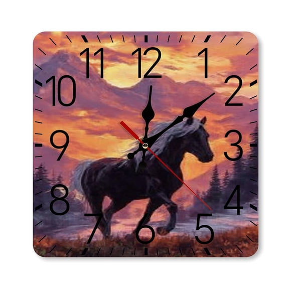 RKSupls 10×10inch Square Silent Wall Clock Wooden Frame, Horse Sunset Mountains Scale Decorative Clock for Home Bedroom Living Room Office