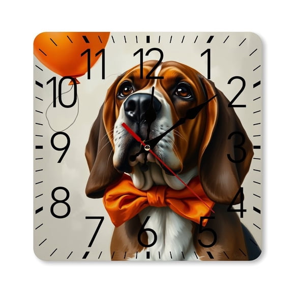 RKSupls 10×10inch Square Silent Wall Clock Wooden Frame, Hound Dog Balloon Scale Decorative Clock for Home Bedroom Living Room Office