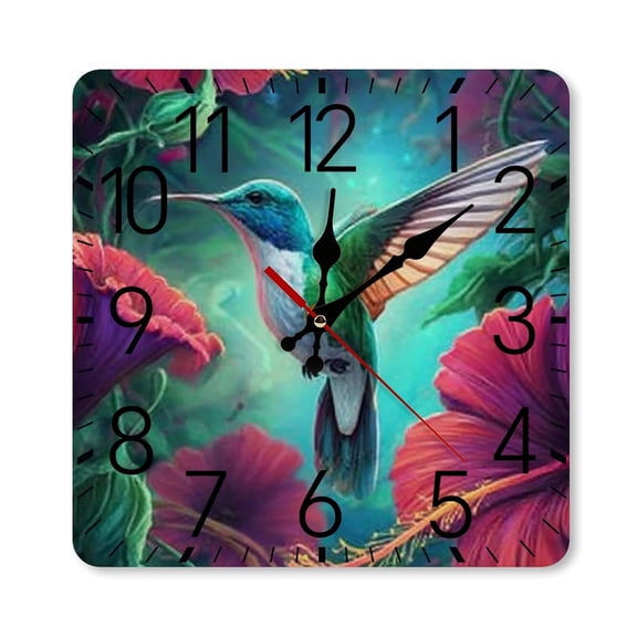 RKSupls 10×10inch Square Silent Wall Clock Wooden Frame, Hummingbird Flowers Colorful Nature Scale Decorative Clock for Home Bedroom Living Room Office