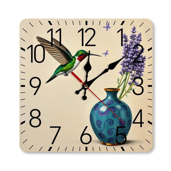 RKSupls 1010inch Square Silent Wall Clock Wooden Frame, Hummingbird Vase Lavender Art Scale Decorative Clock for Home Bedroom Living Room Office