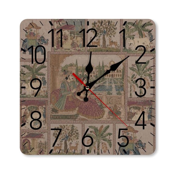 RKSupls 1010inch Square Silent Wall Clock Wooden Frame, Indian Royal Couple Palace Garden Art Scale Decorative Clock for Home Bedroom Living Room Office