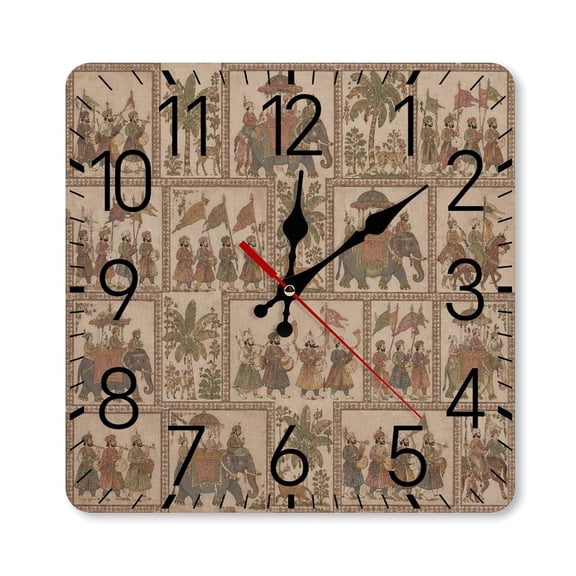 RKSupls 1010inch Square Silent Wall Clock Wooden Frame, Indian Royal Procession Elephant Print Scale Decorative Clock for Home Bedroom Living Room Office