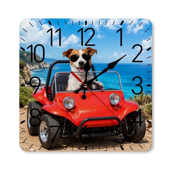 RKSupls 1010inch Square Silent Wall Clock Wooden Frame, Jack Russell Beach Buggy Drive Scale Decorative Clock for Home Bedroom Living Room Office