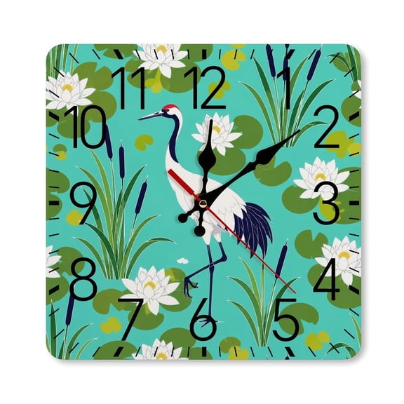 RKSupls 1010inch Square Silent Wall Clock Wooden Frame, Japanese Crane Lotus Pond Scale Decorative Clock for Home Bedroom Living Room Office
