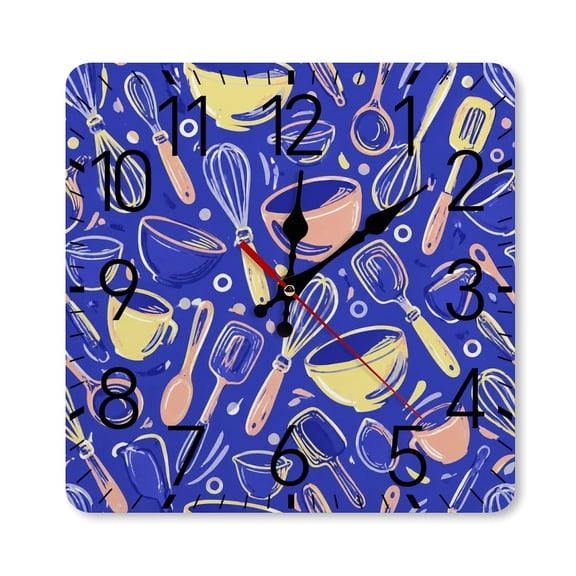 RKSupls 10×10inch Square Silent Wall Clock Wooden Frame, Kitchen Utensils Pattern Scale Decorative Clock for Home Bedroom Living Room Office