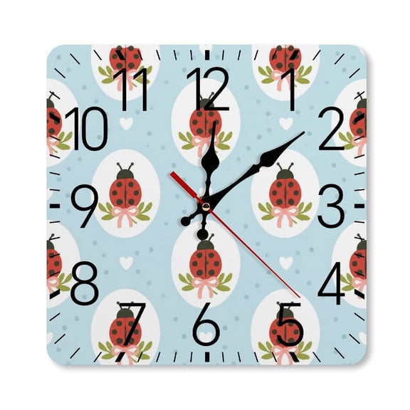 RKSupls 10×10inch Square Silent Wall Clock Wooden Frame, Ladybug Bow Pattern Scale Decorative Clock for Home Bedroom Living Room Office
