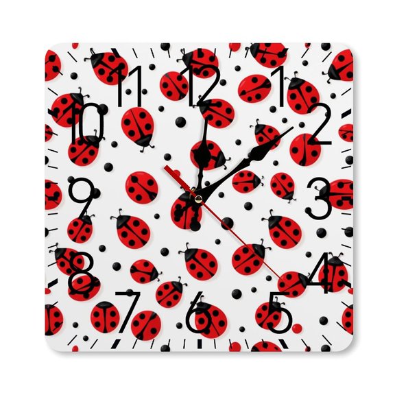 RKSupls 10×10inch Square Silent Wall Clock Wooden Frame, Ladybug Pattern Scale Decorative Clock for Home Bedroom Living Room Office