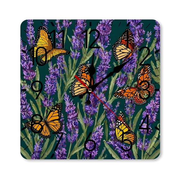 RKSupls 10×10inch Square Silent Wall Clock Wooden Frame, Lavender Monarch Butterfly Scale Decorative Clock for Home Bedroom Living Room Office