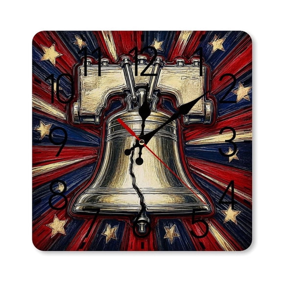 RKSupls 1010inch Square Silent Wall Clock Wooden Frame, Liberty Bell Burst Star Abstract Scale Decorative Clock for Home Bedroom Living Room Office
