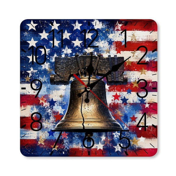 RKSupls 1010inch Square Silent Wall Clock Wooden Frame, Liberty Bell Flag Stars Grunge Scale Decorative Clock for Home Bedroom Living Room Office