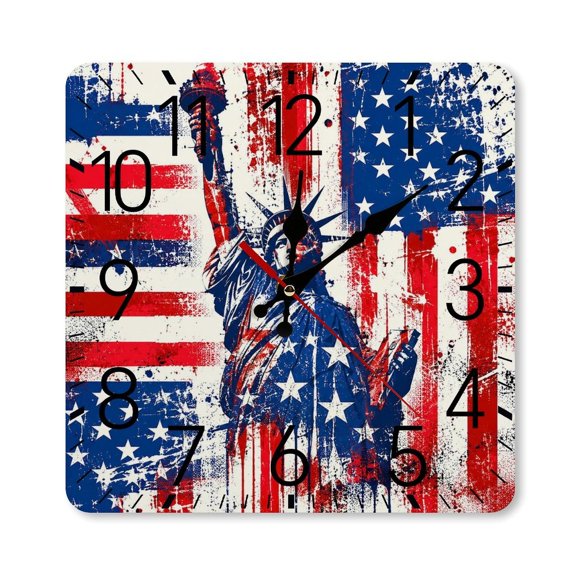 RKSupls 10×10inch Square Silent Wall Clock Wooden Frame, Liberty Statue Grunge Street Art Scale Decorative Clock for Home Bedroom Living Room Office