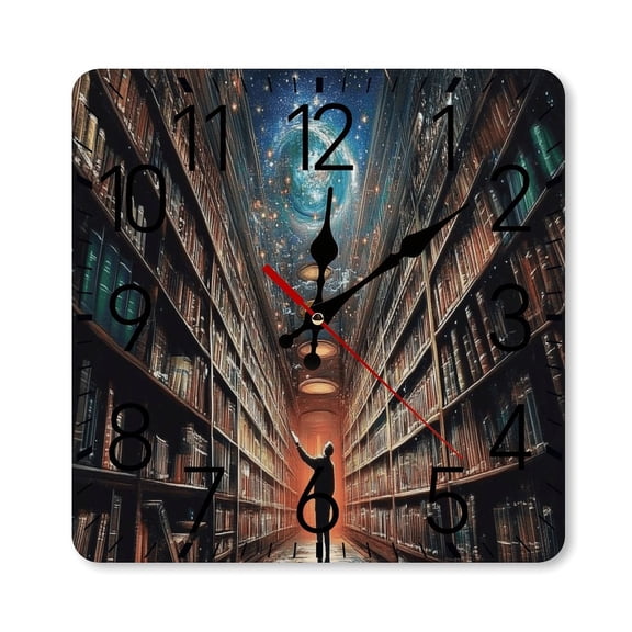RKSupls 10×10inch Square Silent Wall Clock Wooden Frame, Library Books Universe Galaxy Scale Decorative Clock for Home Bedroom Living Room Office