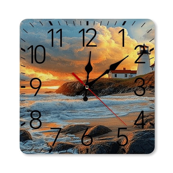 RKSupls 10×10inch Square Silent Wall Clock Wooden Frame, Lighthouse Coast Sunset Scale Decorative Clock for Home Bedroom Living Room Office